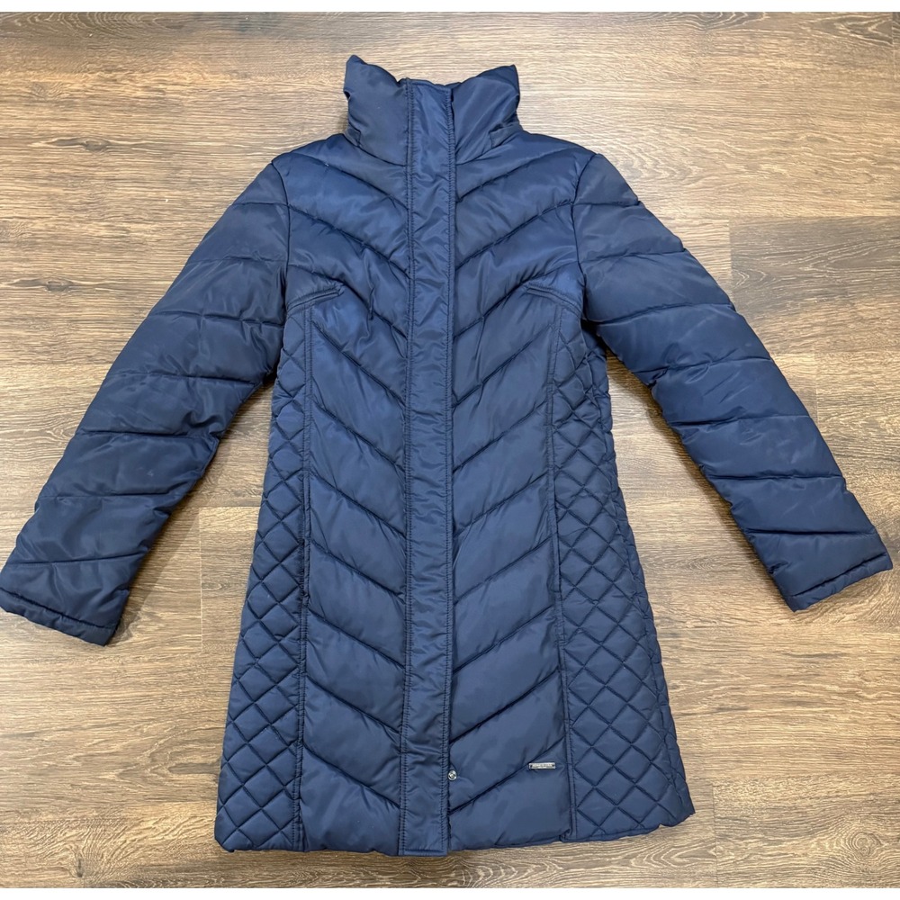 Kenneth Cole New York Puffer Coat Womens S/P Navy Long Quilted